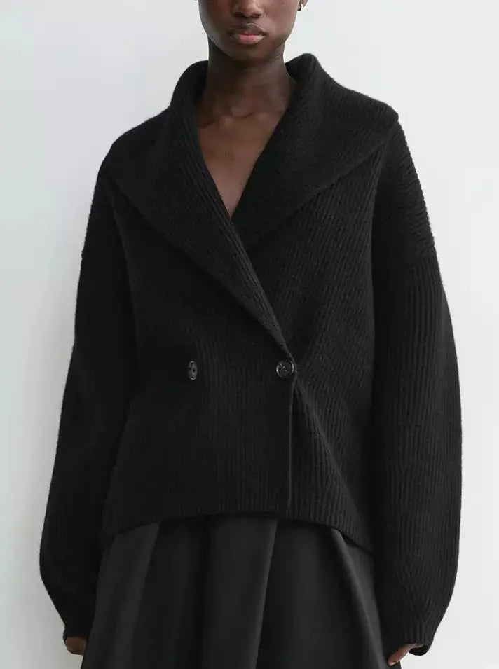 Ribbed Knit Shawl-lapel Cardigan Sweater in Black - Sweaters & Knitwear