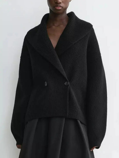 Ribbed Knit Shawl-lapel Cardigan Sweater in Black - Sweaters & Knitwear