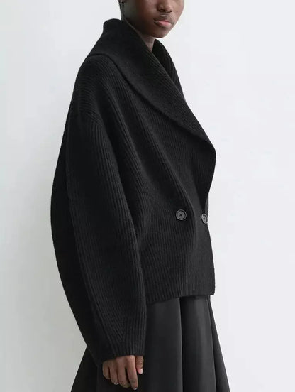 Ribbed Knit Shawl-lapel Cardigan Sweater in Black - Sweaters & Knitwear