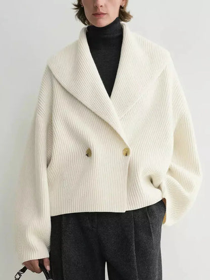 Ribbed Knit Shawl-lapel Cardigan Sweater in Ivory - Sweaters & Knitwear