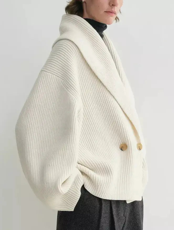 Ribbed Knit Shawl-lapel Cardigan Sweater in Ivory - Sweaters & Knitwear