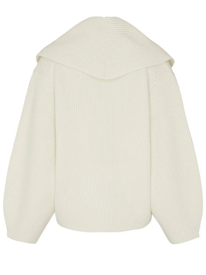 Ribbed Knit Shawl-lapel Cardigan Sweater in Ivory - Sweaters & Knitwear