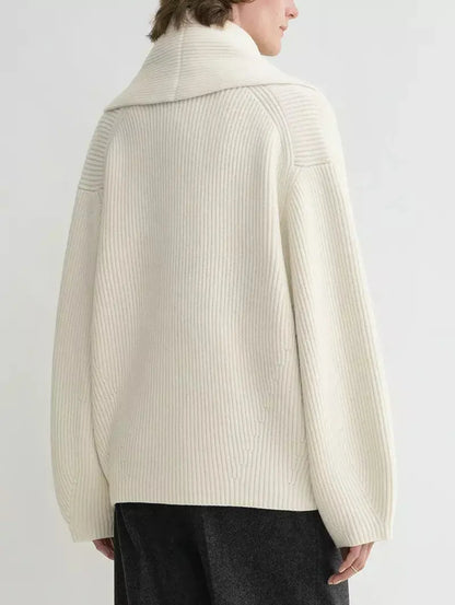 Ribbed Knit Shawl-lapel Cardigan Sweater in Ivory - Sweaters & Knitwear