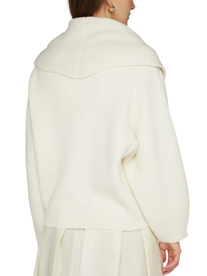 Ribbed Knit Shawl-lapel Cardigan Sweater in Ivory - Sweaters & Knitwear