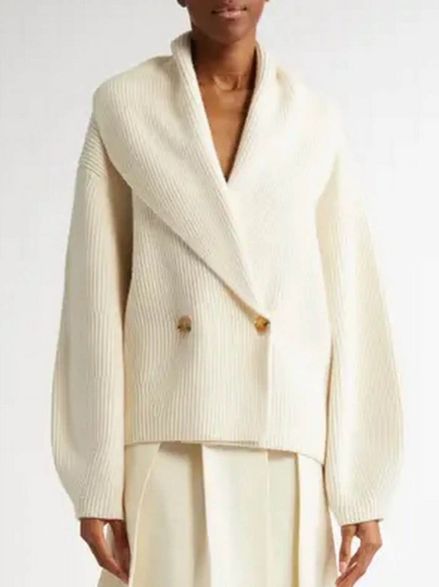 Ribbed Knit Shawl-lapel Cardigan Sweater in Ivory - Sweaters & Knitwear