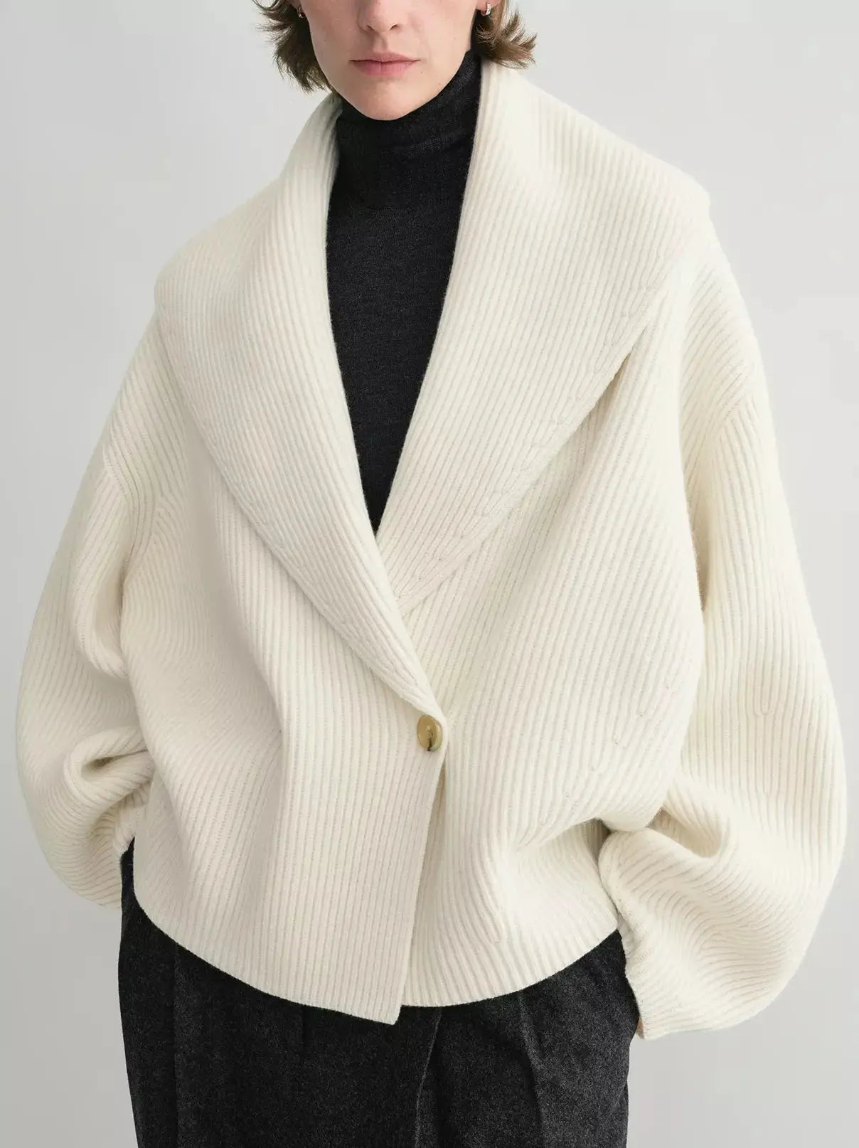 Ribbed Knit Shawl-lapel Cardigan Sweater in Ivory - Sweaters & Knitwear