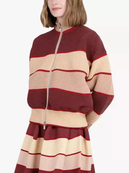 Ribbed Striped Mock-Neck Color-Block Cardigan Jacket - Sweaters & Knitwear