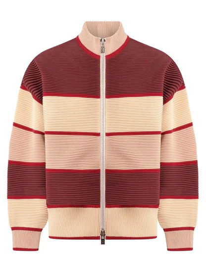 Ribbed Striped Mock-Neck Color-Block Cardigan Jacket - Sweaters & Knitwear