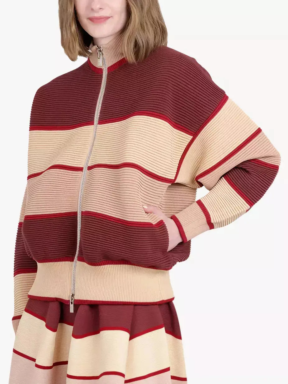 Ribbed Striped Mock-Neck Color-Block Cardigan Jacket - Sweaters & Knitwear