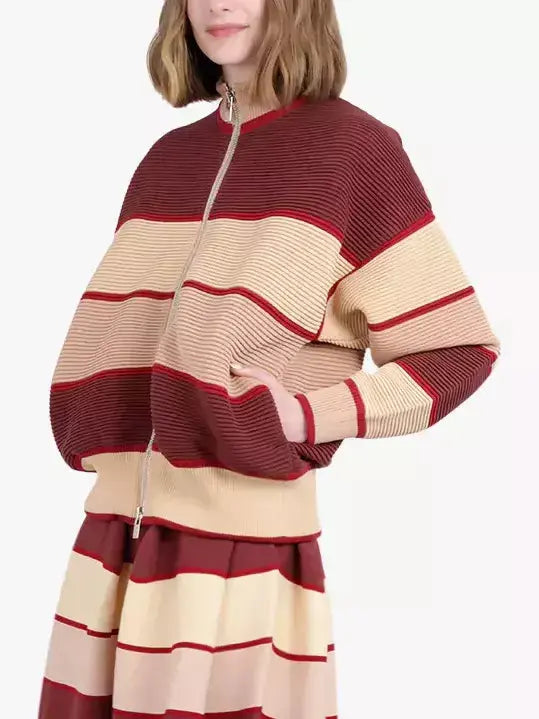 Ribbed Striped Mock-Neck Color-Block Cardigan Jacket - Sweaters & Knitwear