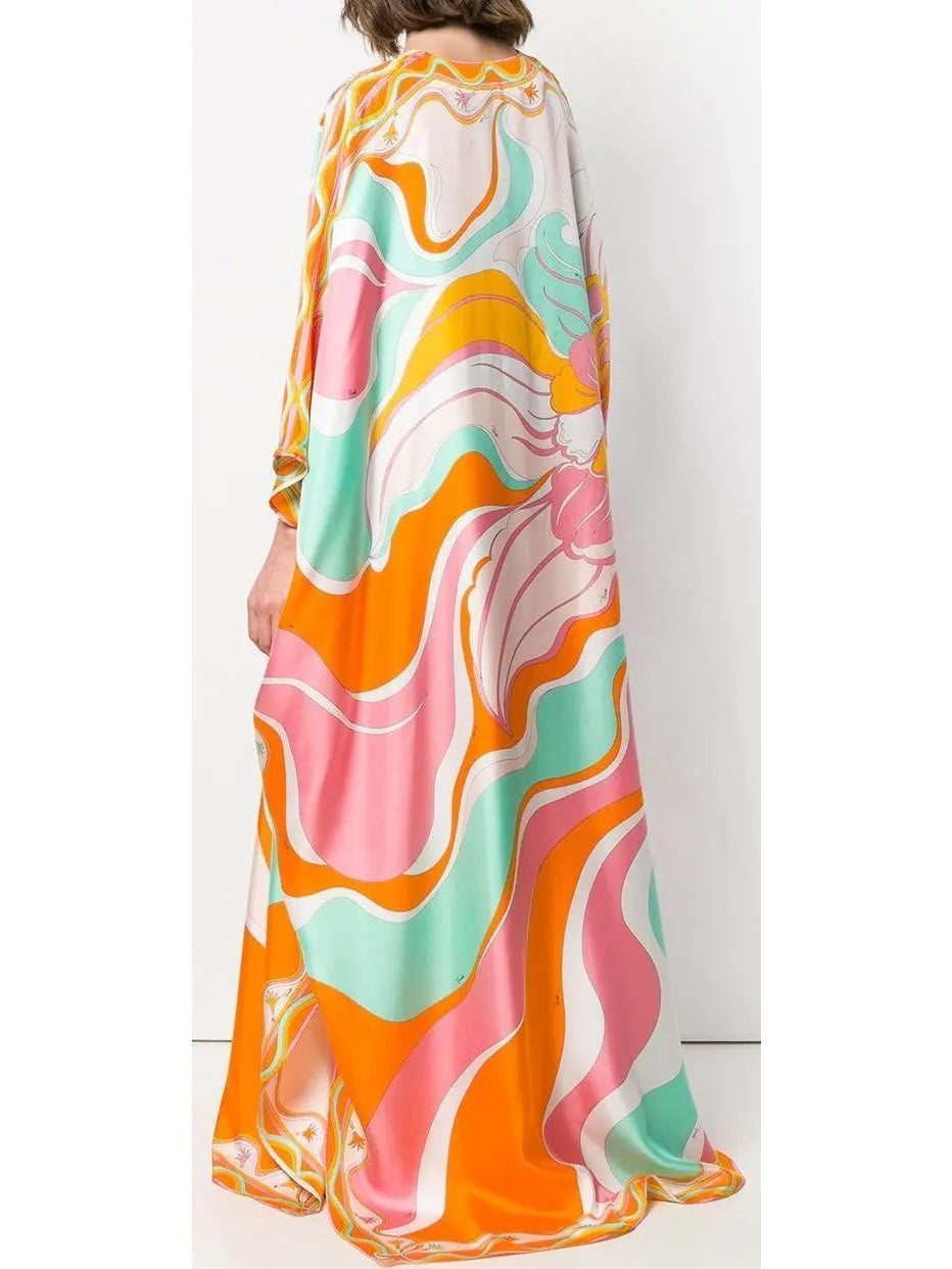 Rivera Long Kaftan Dress in Orange and Multi - Dresses