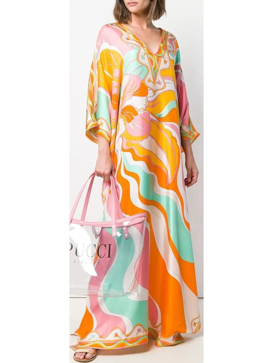 Rivera Long Kaftan Dress in Orange and Multi - s - Dresses