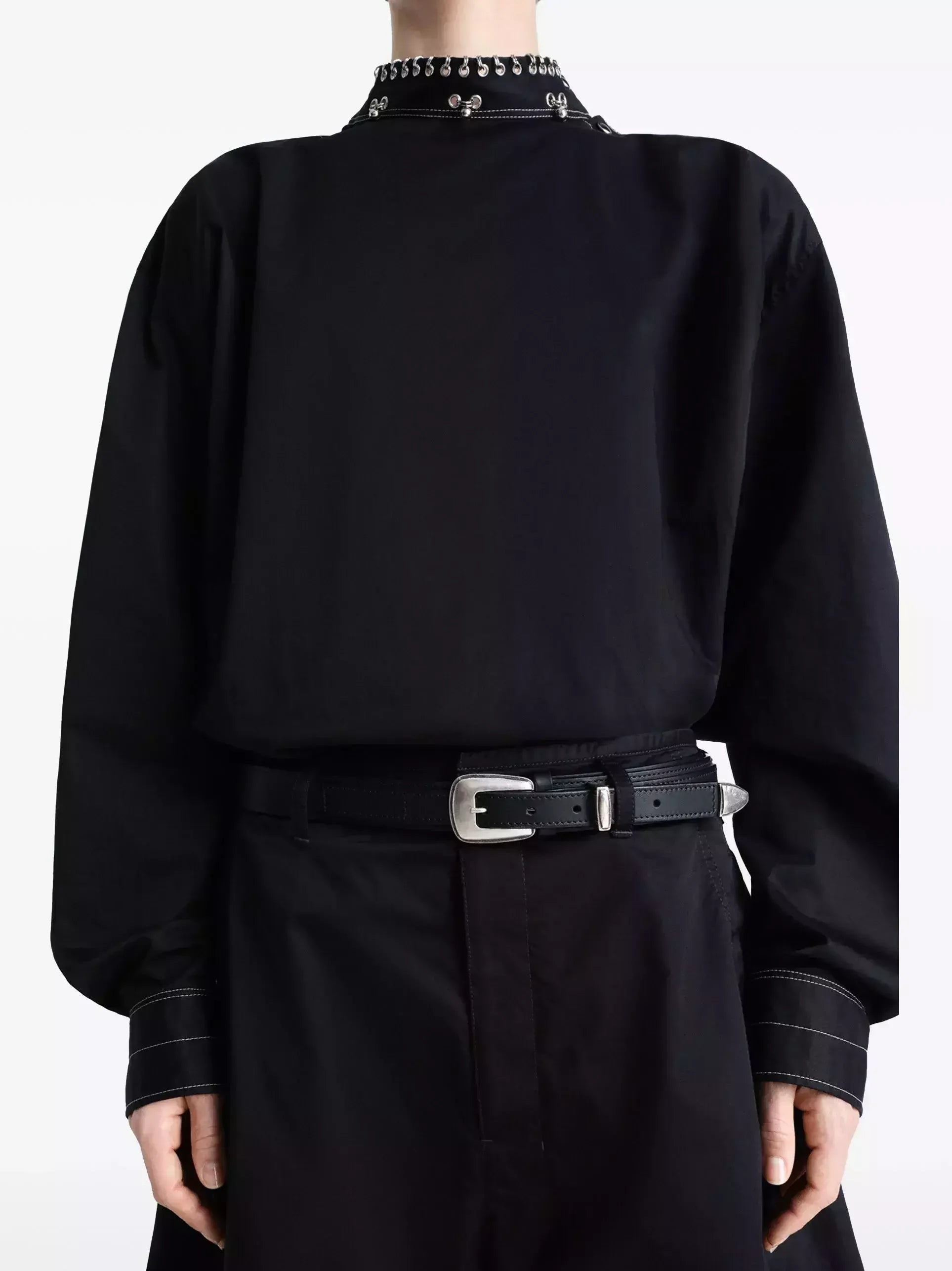 Rivet-Embellished High-Neck Black Blouse - Tops