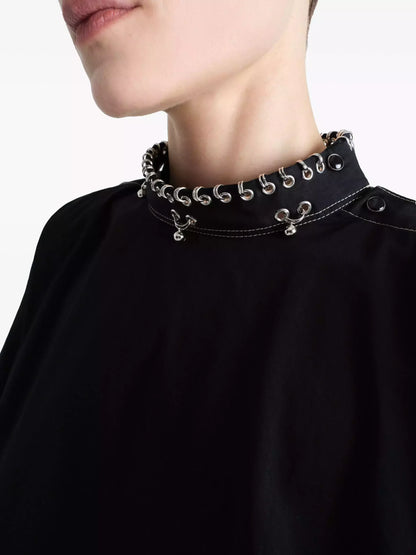 Rivet-Embellished High-Neck Black Blouse - Tops