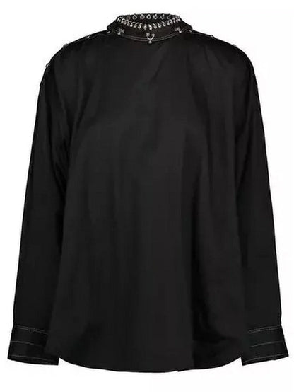 Rivet-Embellished High-Neck Black Blouse - Small - Tops