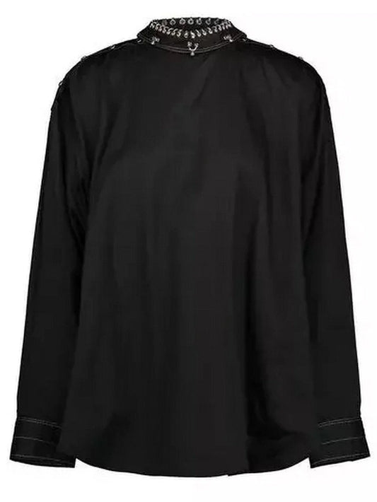 Rivet-Embellished High-Neck Black Blouse - Small - Tops
