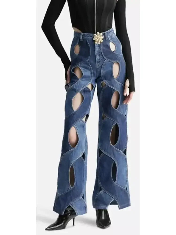 Jean Jacket Rope Rope Cut-out Denim Jacket and Jean Set High End Fashion