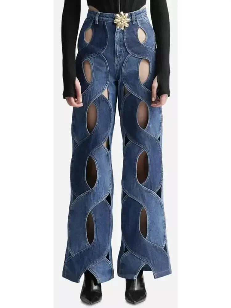 Jean Jacket Rope Rope Cut-out Denim Jacket and Jean Set High End Fashion