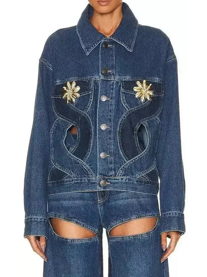 Jean Jacket Rope Rope Cut-out Denim Jacket and Jean Set High End Fashion