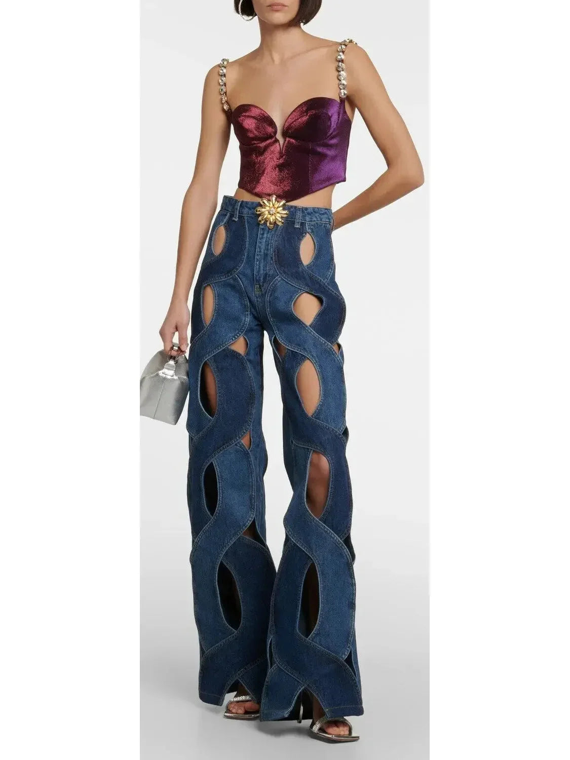 Jean Jacket Rope Rope Cut-out Denim Jacket and Jean Set High End Fashion