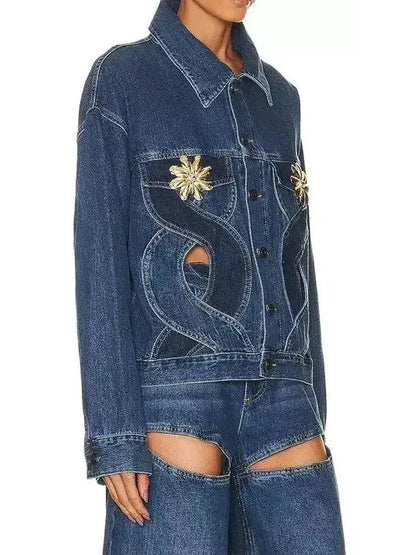 Jean Jacket Rope Rope Cut-out Denim Jacket and Jean Set High End Fashion