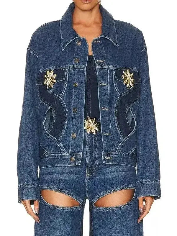 Jean Jacket Rope Rope Cut-out Denim Jacket and Jean Set High End Fashion