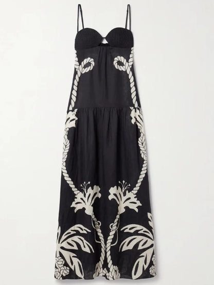 Rope Printed Linen Maxi Dress - Small - Dresses