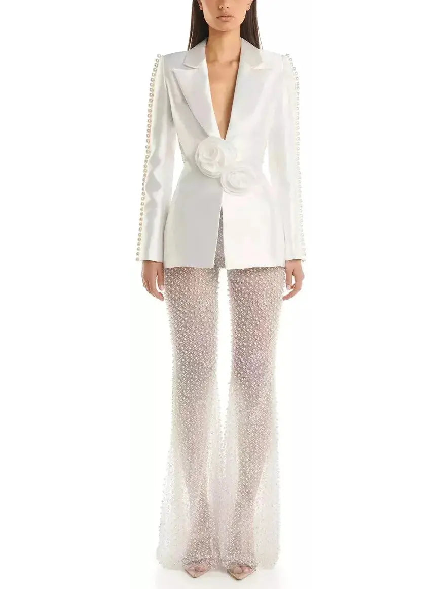 Rose and Bead-Embellished Blazer with Sequin and Bead-Embellished Stretch Mesh Pant Set - small - Suits & Sets