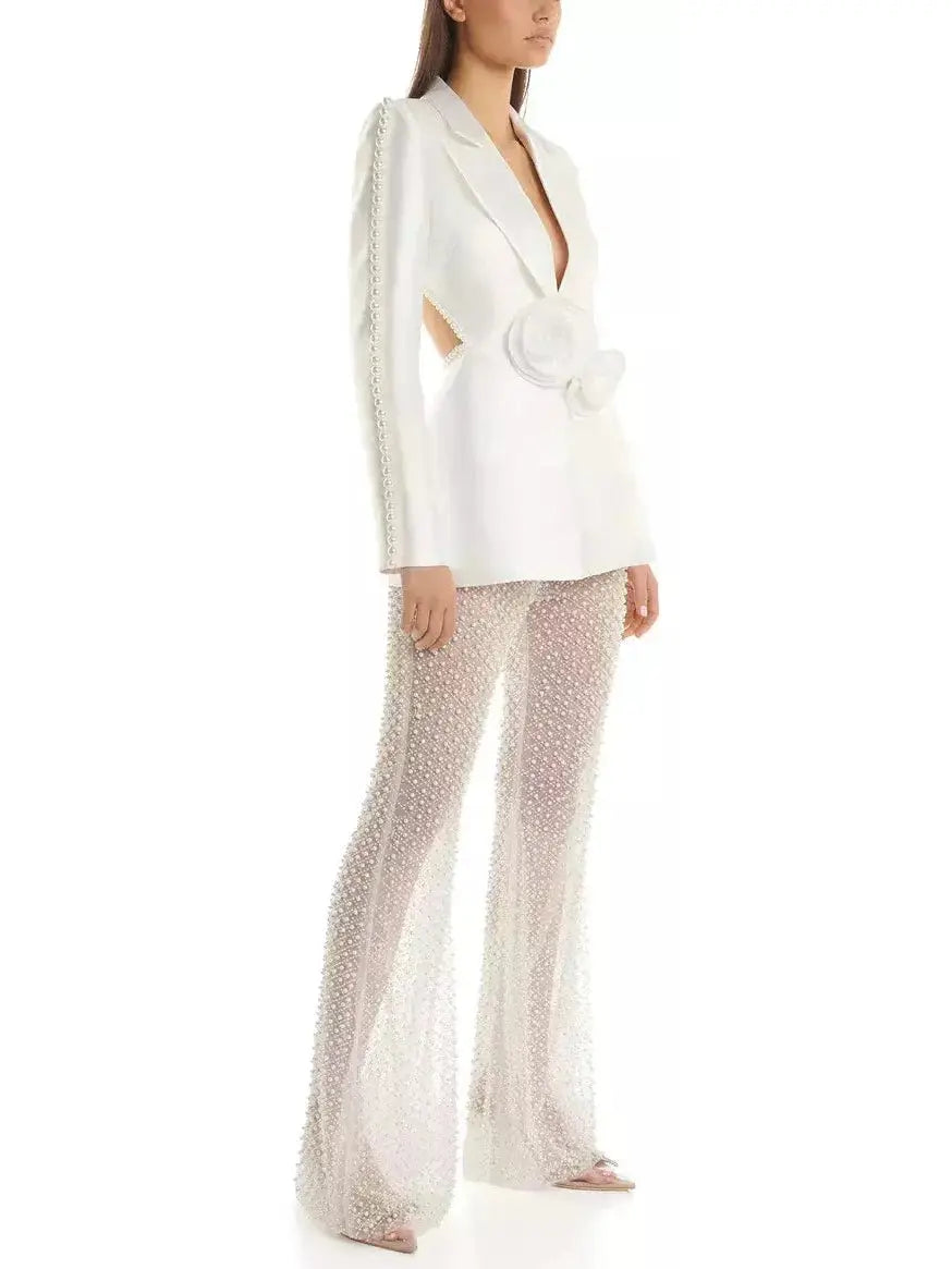 Rose and Bead-Embellished Blazer with Sequin and Bead-Embellished Stretch Mesh Pant Set - Suits & Sets