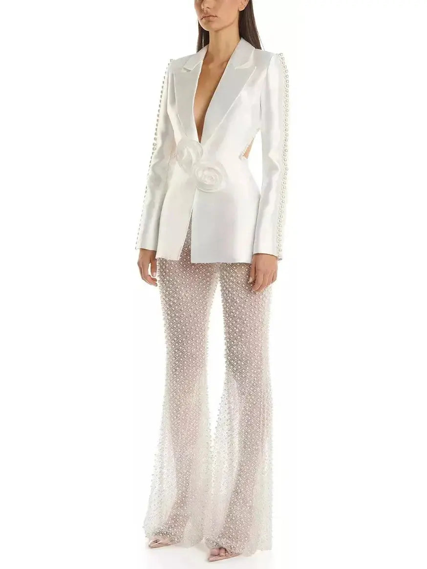 Rose and Bead-Embellished Blazer with Sequin and Bead-Embellished Stretch Mesh Pant Set - Suits & Sets