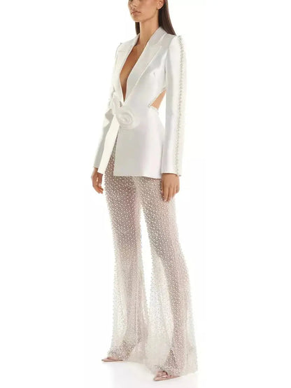 Rose and Bead-Embellished Blazer with Sequin and Bead-Embellished Stretch Mesh Pant Set - Suits & Sets