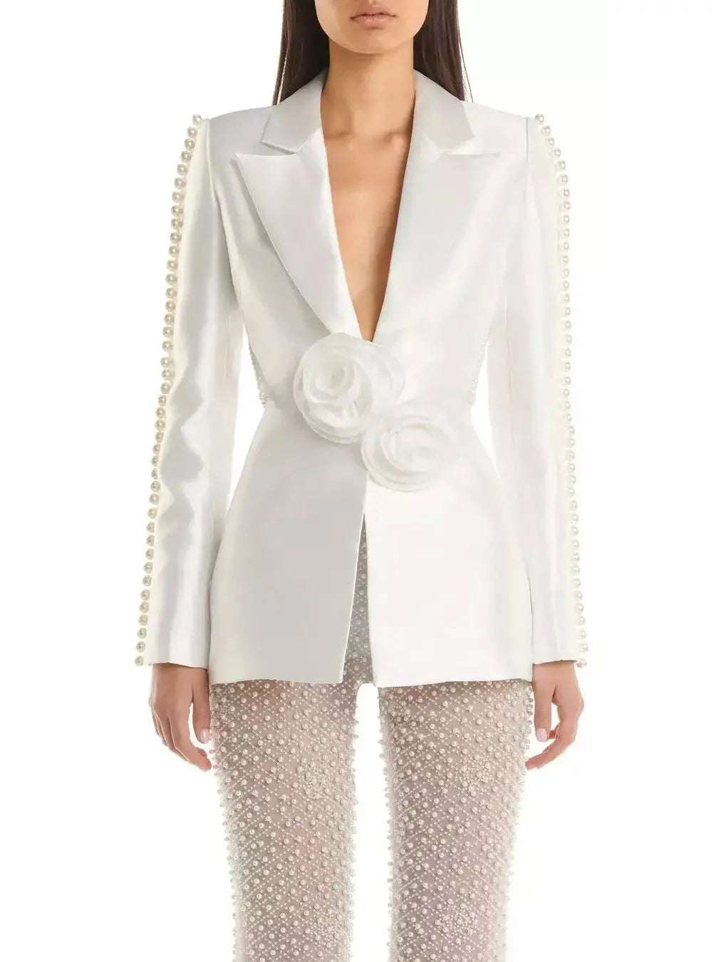 Rose and Bead-Embellished Blazer with Sequin and Bead-Embellished Stretch Mesh Pant Set - Suits & Sets