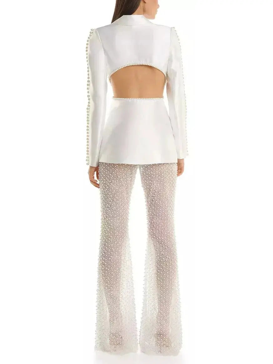 Rose and Bead-Embellished Blazer with Sequin and Bead-Embellished Stretch Mesh Pant Set - Suits & Sets