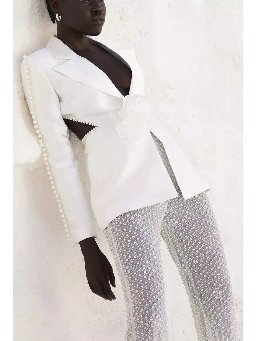 Rose and Bead-Embellished Blazer with Sequin and Bead-Embellished Stretch Mesh Pant Set - Suits & Sets