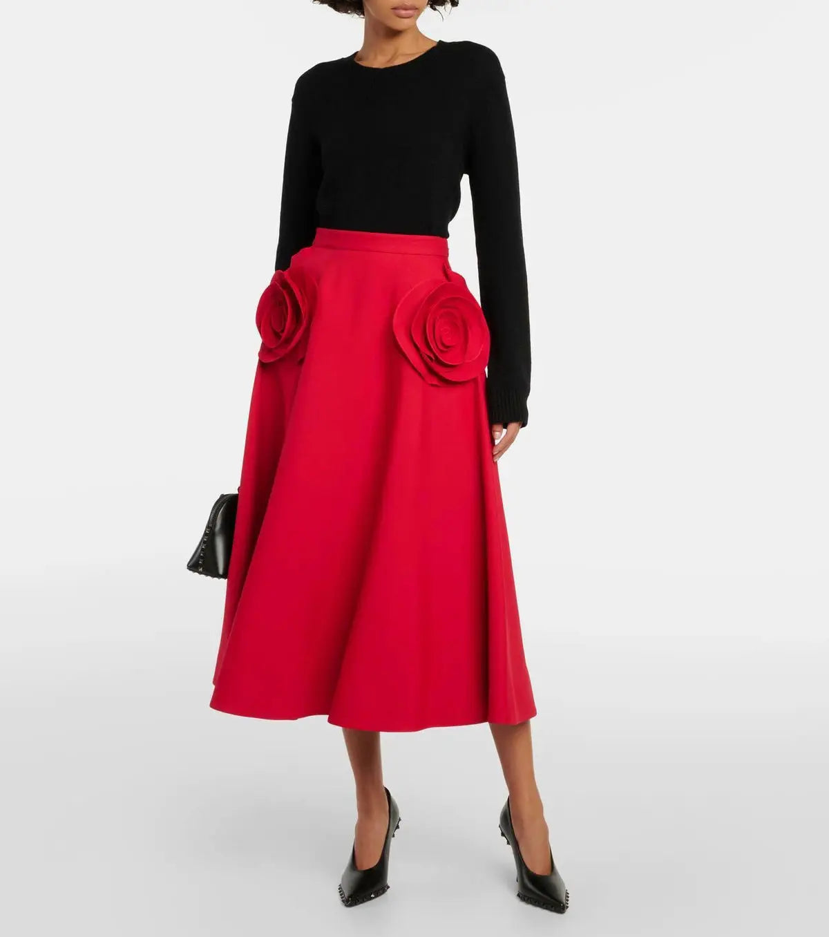 Rose-Applique Red Flared Midi Skirt - Skirts