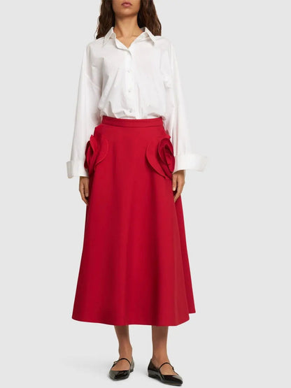 Rose-Applique Red Flared Midi Skirt - Skirts