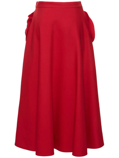 Rose-Applique Red Flared Midi Skirt - Skirts