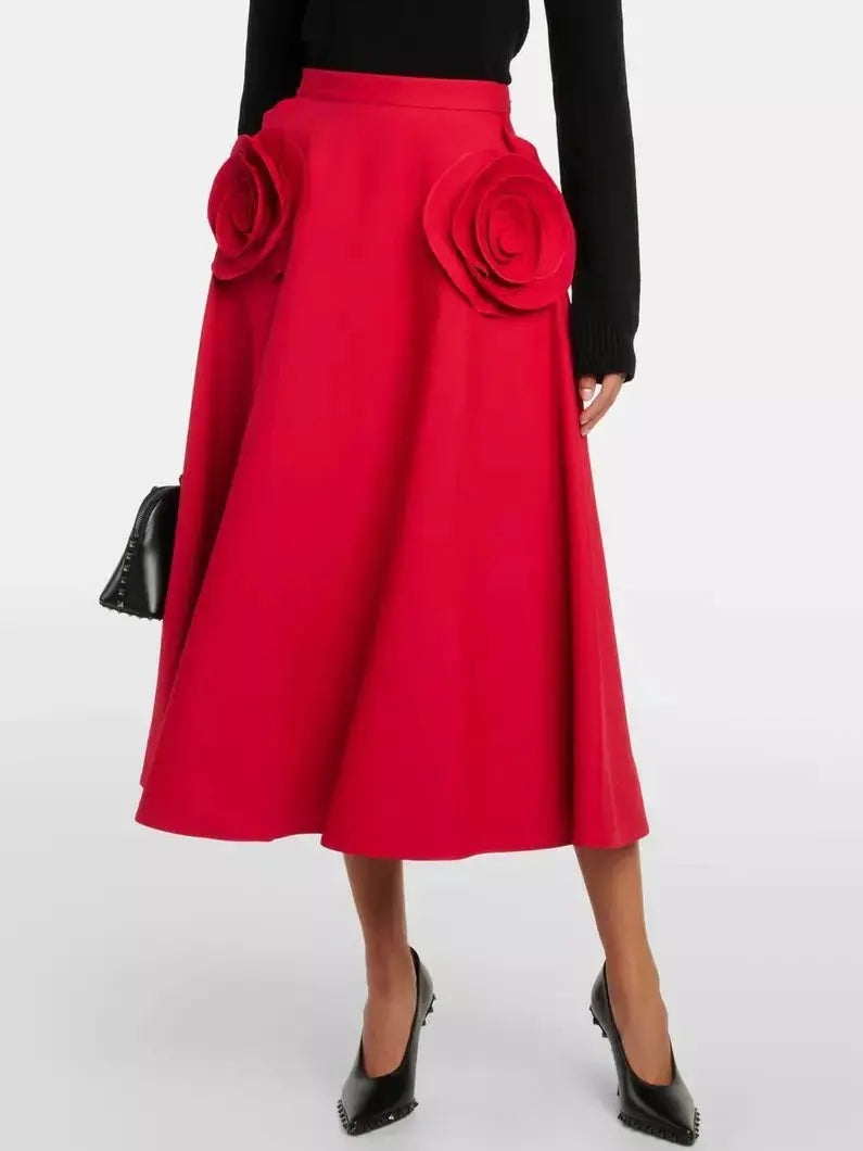 Rose-Applique Red Flared Midi Skirt - Skirts