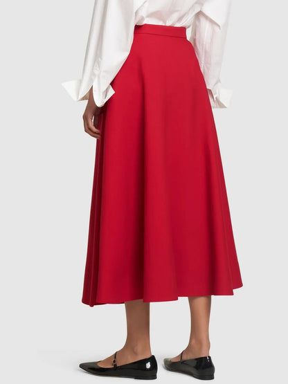 Rose-Applique Red Flared Midi Skirt - Skirts