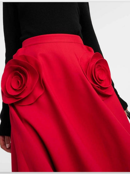 Rose-Applique Red Flared Midi Skirt - Skirts