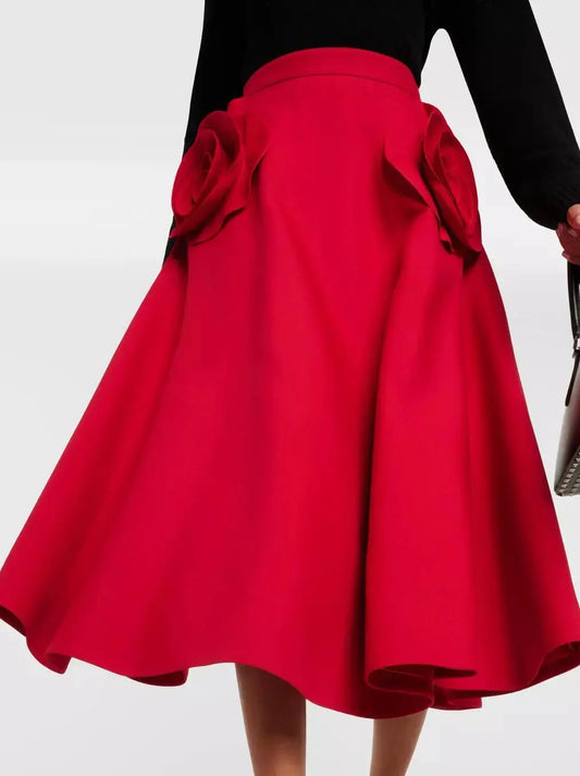 Rose-Applique Red Flared Midi Skirt - Skirts