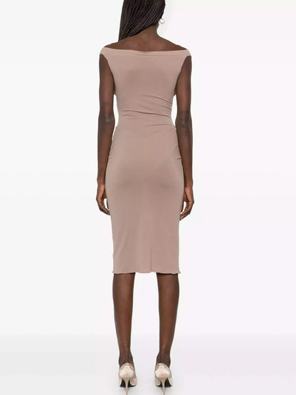 Rose Appliques Corset Fitted Dress in Light Taupe - Dresses