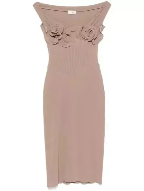 Rose Appliques Corset Fitted Dress in Light Taupe - Dresses