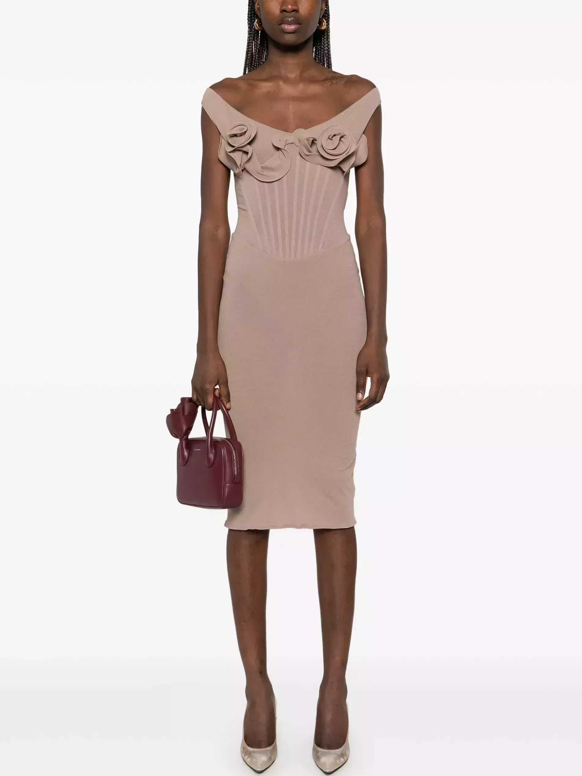 Rose Appliques Corset Fitted Dress in Light Taupe - Small - Dresses
