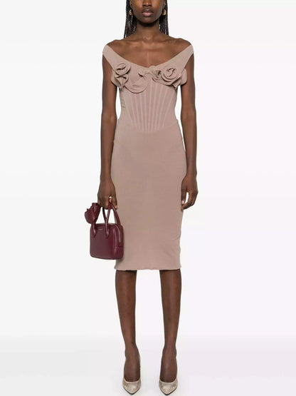 Rose Appliques Corset Fitted Dress in Light Taupe - Small - Dresses