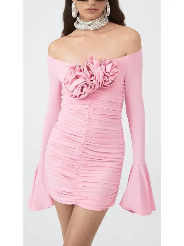 Rose-Appliques Ruched Mini Dress - Dresses