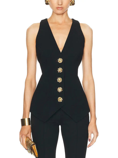 Rose Buttoned Black Double Crepe Vest - Jackets