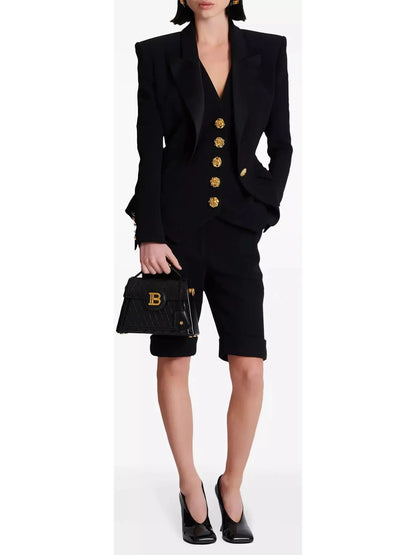 Rose Buttoned Black Double Crepe Vest - Jackets