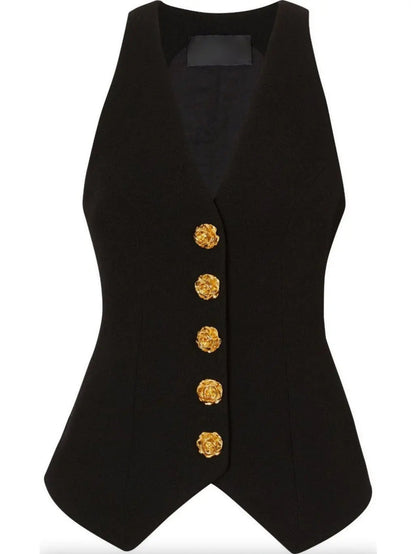 Rose Buttoned Black Double Crepe Vest - Jackets