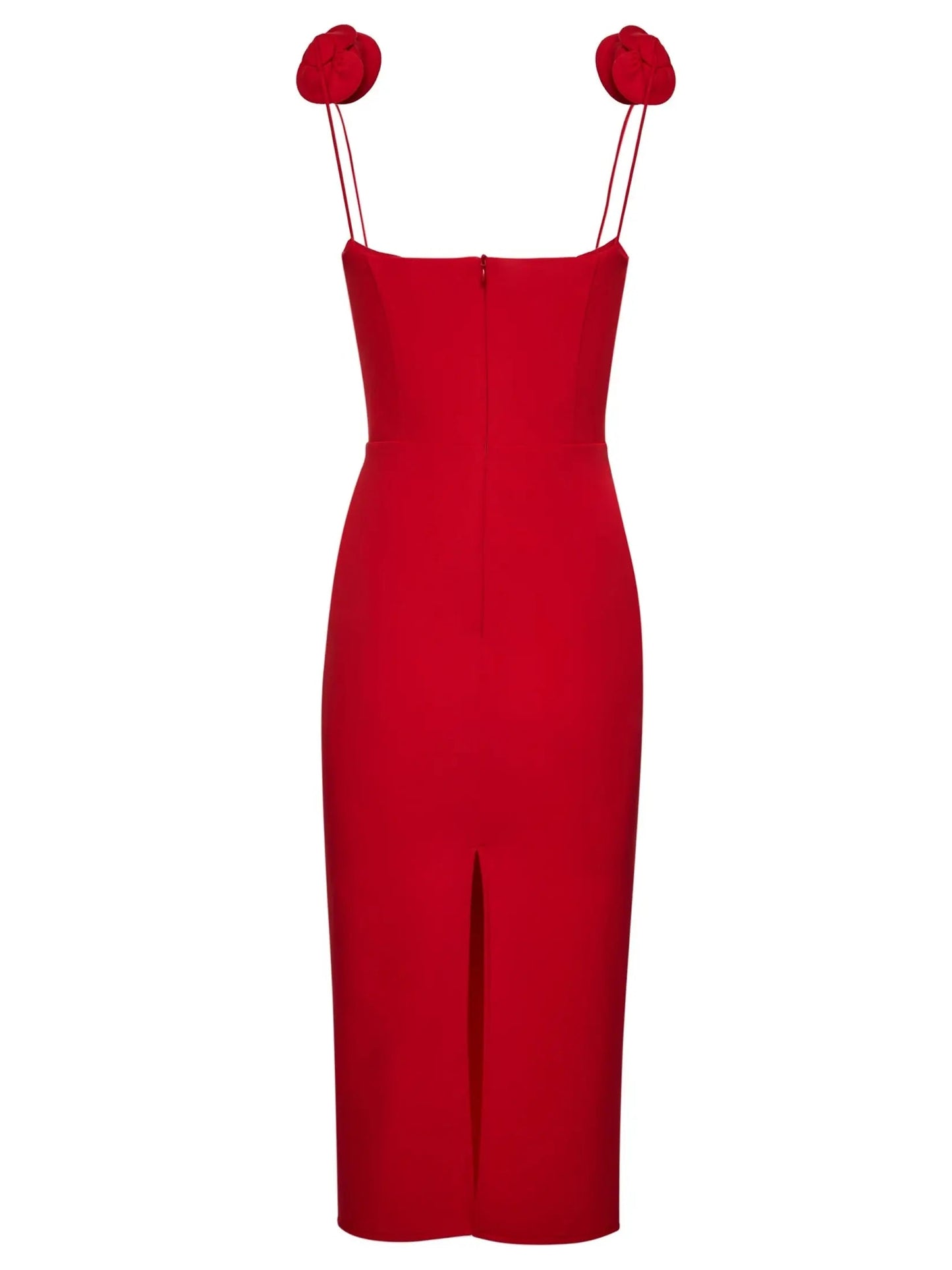 Rose-Detailed Red Midi Dress - Dresses